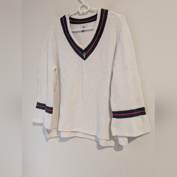Cabi White Ribbed V-Neck Bell Sleeve Ace Pullover Sweater Preppy Classic - Picture 5 of 12